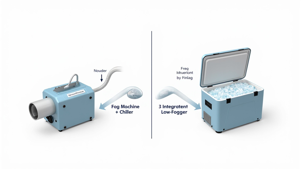 Diagram comparing a fog machine with ice chiller versus an integrated low-fogger.