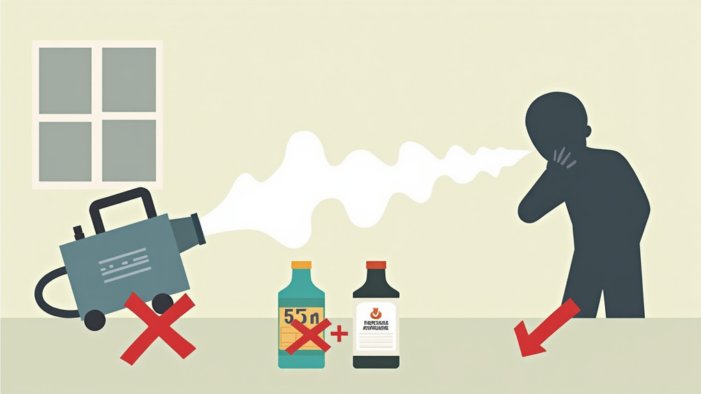 Fog machine safety cartoon showing toxic fog and wrong fluid danger