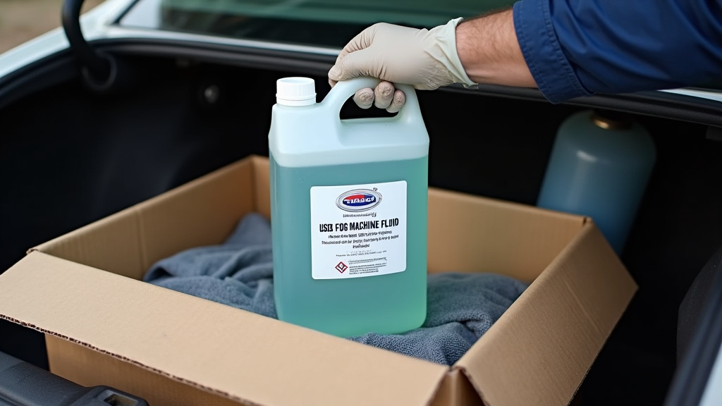 Sealed and labeled jug of used fog machine fluid ready for safe transport.