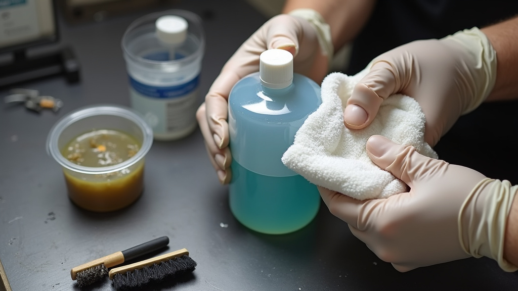 Close-up of cleaning a fog machine fluid tank with a cloth during unclogging.