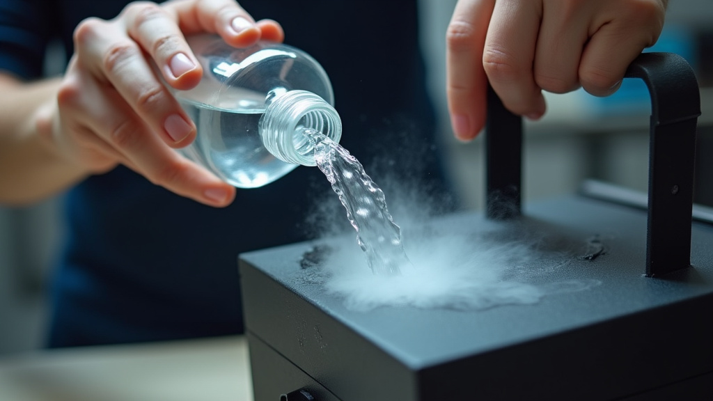 Pouring distilled water into fog machine tank during cleaning flush