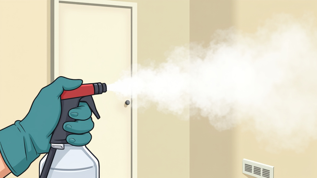 Technician using a slow sweeping motion to fog disinfectant into a room corner.