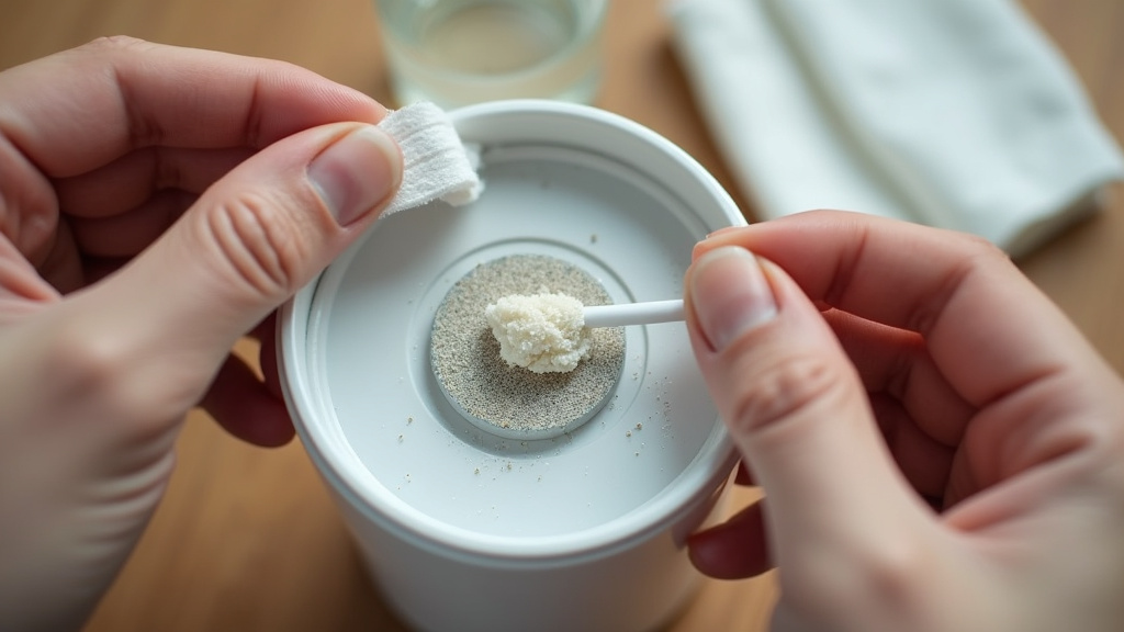 Close-up cleaning a diffuser's ultrasonic plate with vinegar on a cotton swab.
