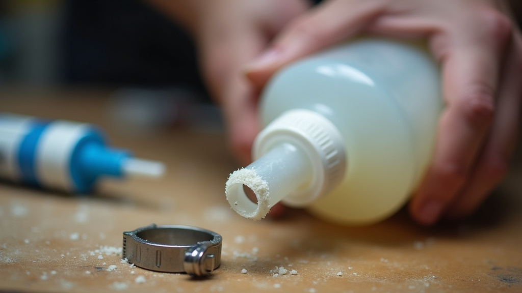 Close-up of a budget fog machine's failed tube adhesive and repair materials.