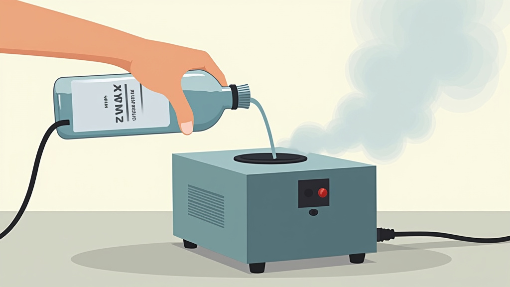Pouring fog fluid into a machine tank up to the maximum fill line