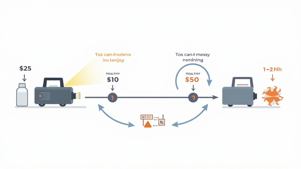 Diagram comparing long-term cost of premium versus budget fog machine fluid
