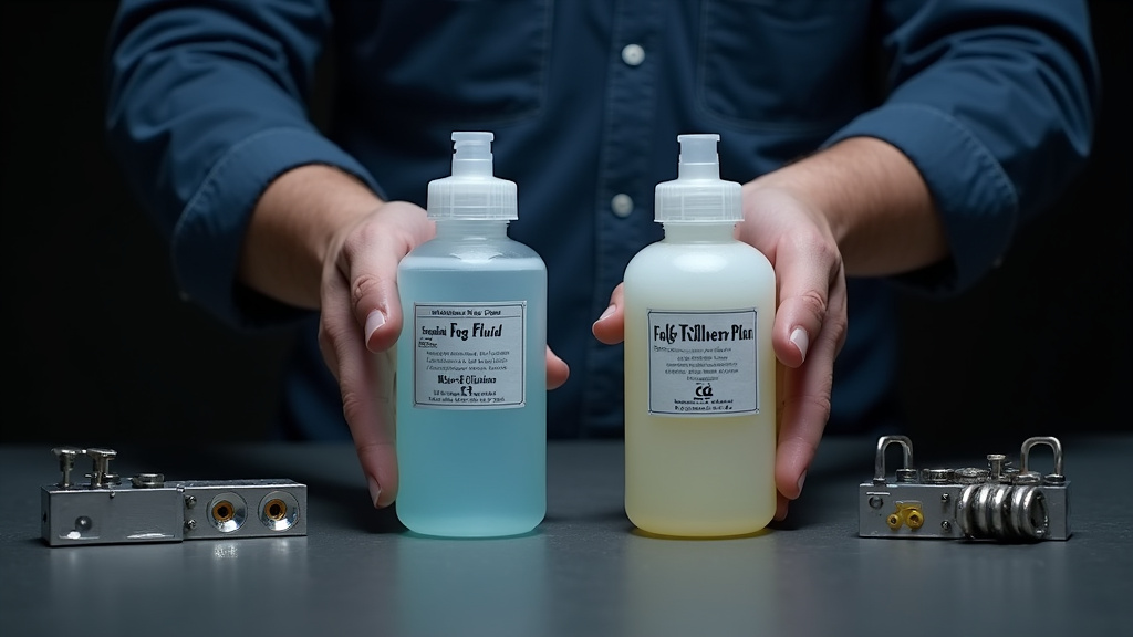 Standard fog fluid versus low-lying fog fluid for fog machines and chillers.