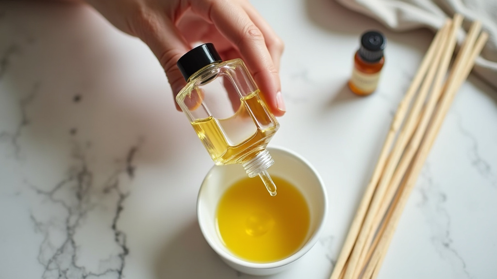 Repurposing an empty perfume bottle into a reed diffuser with safe oils.