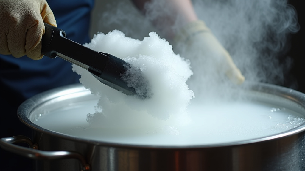 Close-up of dry ice sublimating in hot water to create ground-hugging fog.