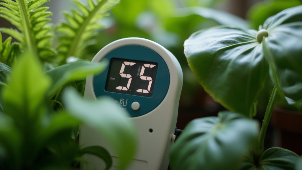 Digital hygrometer reading optimal humidity level for plants near a humidifier.