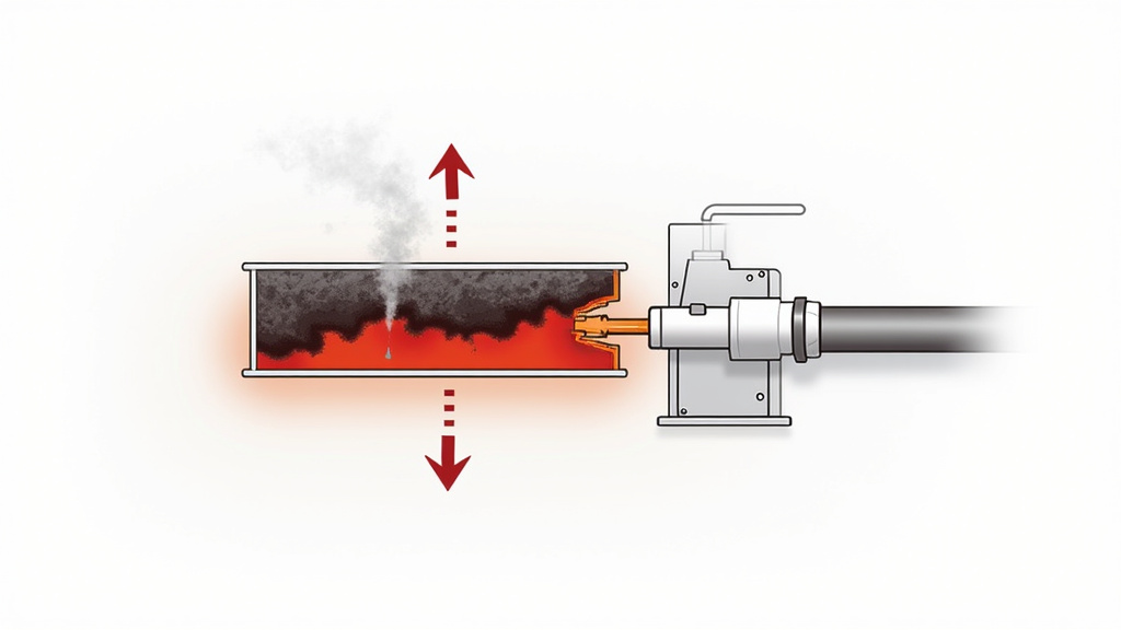 Diagram showing carbonized essential oil residue on a fog machine heating element, a fire hazard.