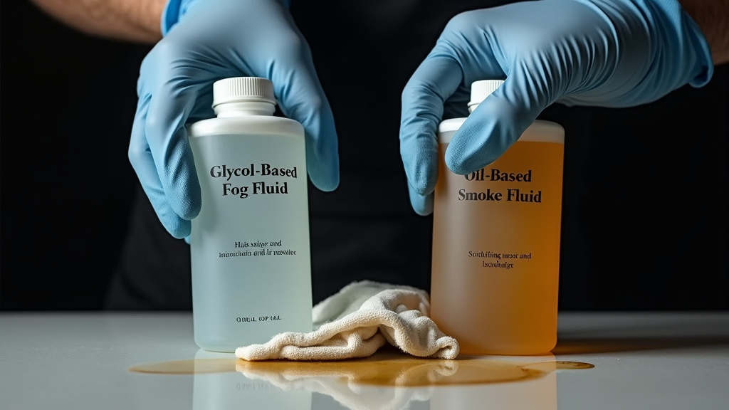 Comparison of clear glycol fog fluid and amber oil-based smoke fluid bottles.