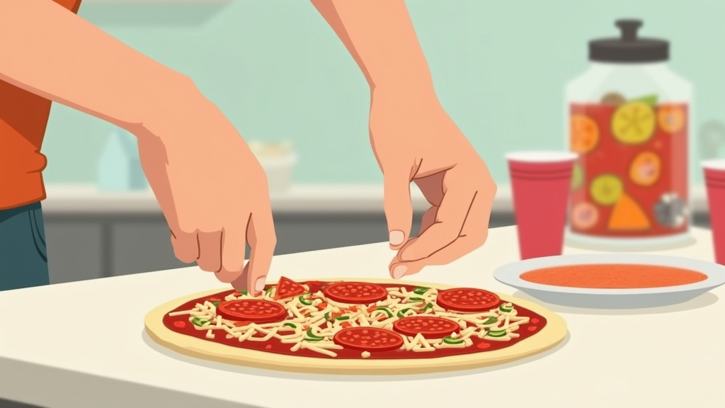 Teen hands customizing a pizza at a DIY birthday party food station