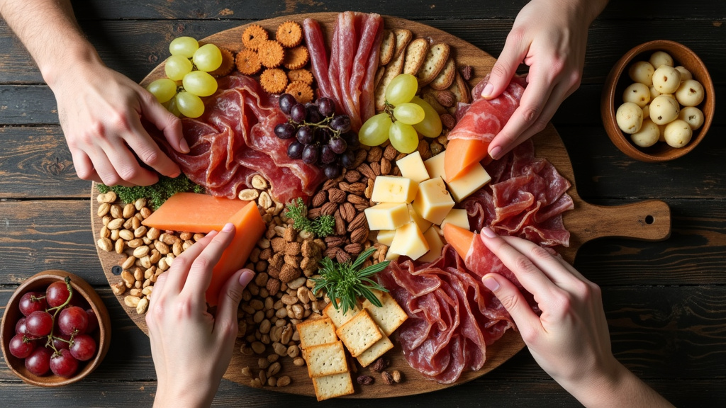 Abundant charcuterie board with hands selecting food at a house party.