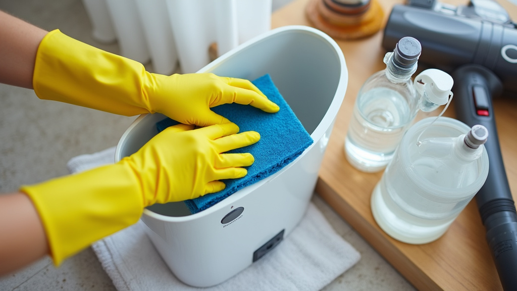 Hands cleaning a humidifier tank and vacuuming an air purifier filter.