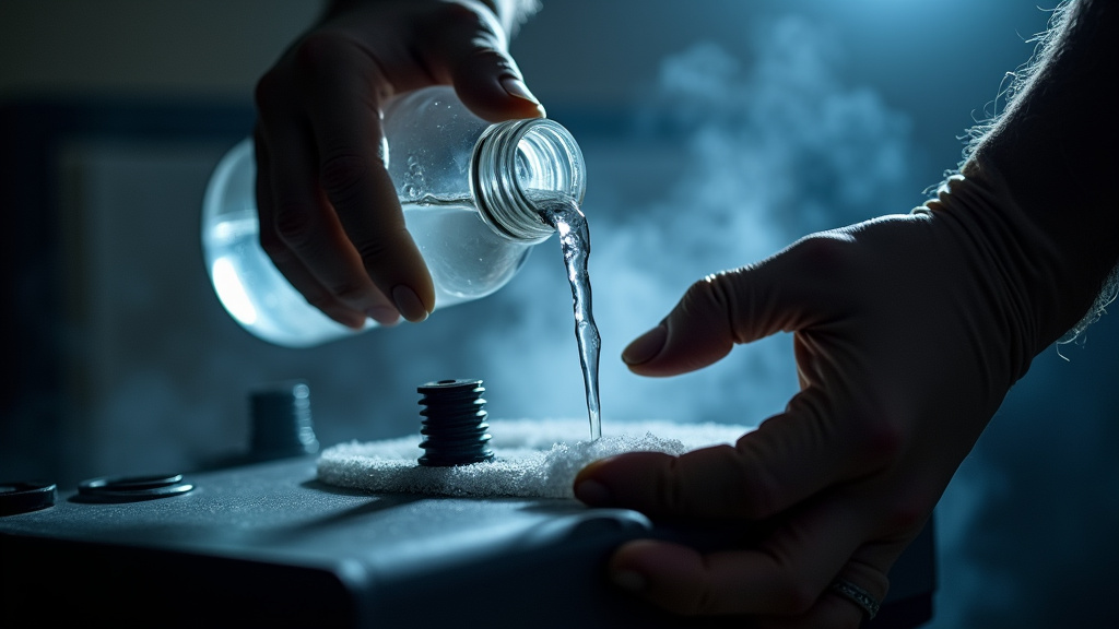 Hands flushing a fog machine with distilled water for maintenance and safety.