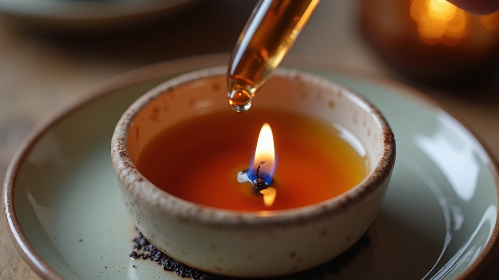 Close-up of vanilla extract being added to a tea light oil burner diffuser.