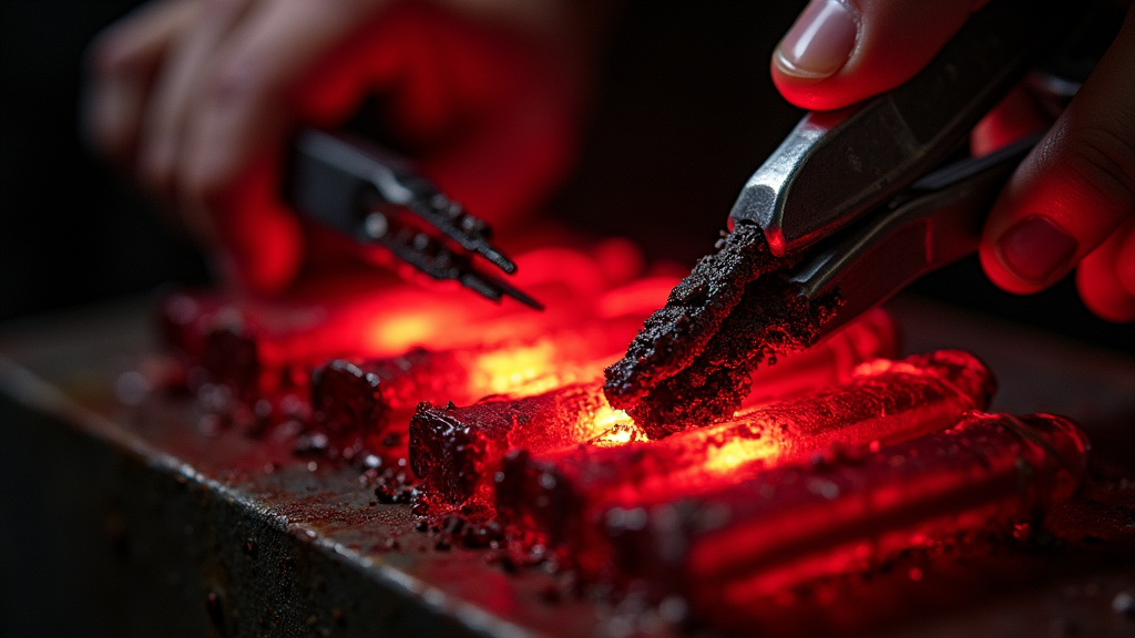 Carbonized fluid being scraped from an overheated fog machine heating element.