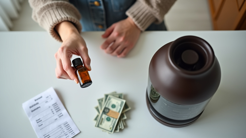 Comparing essential oil burner and diffuser costs, oil bottle over device.