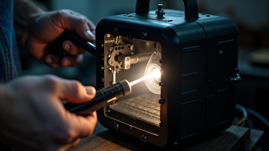 Person inspecting fog machine internals during quarterly storage checkup