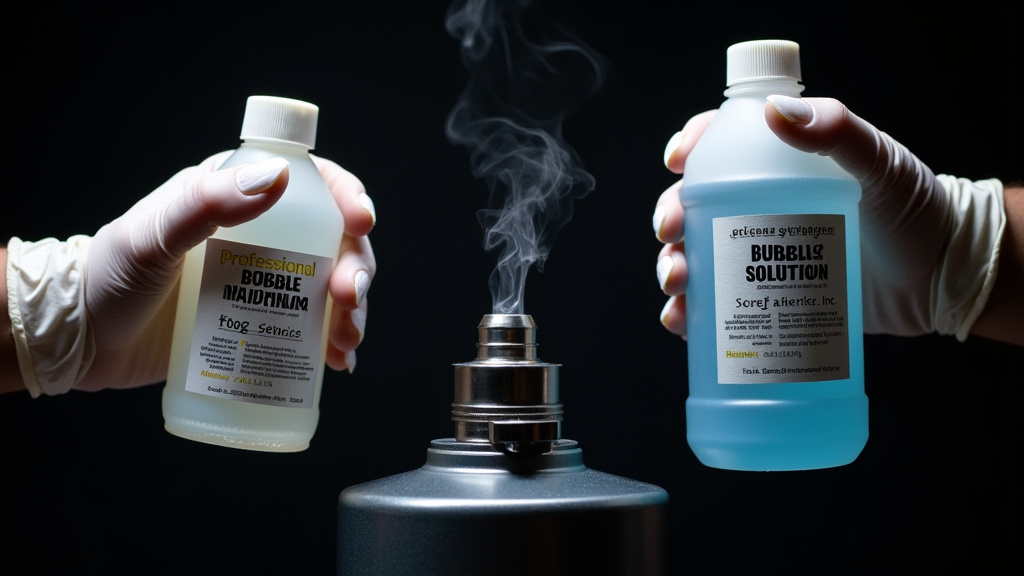 Comparison of professional bubble solution and fog fluid for bubble fog machines.