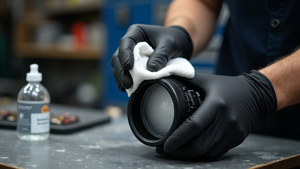 Cleaning fog machine residue from stage lighting with isopropyl alcohol.
