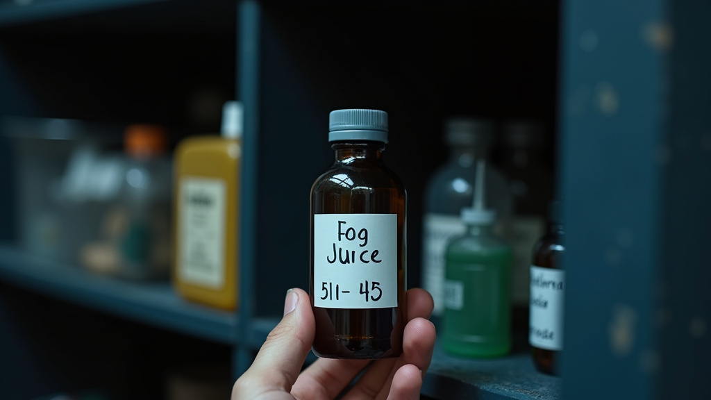 Proper storage of fog juice in a cool, dark, sealed closet shelf.
