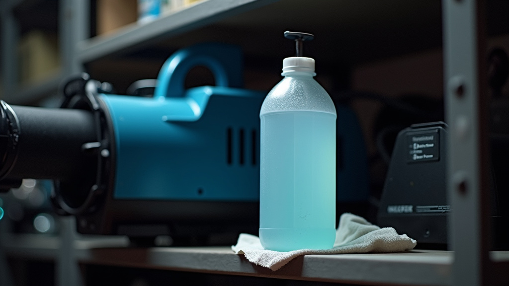 Proper storage of sealed fog fluid bottle in a cool, dark place.