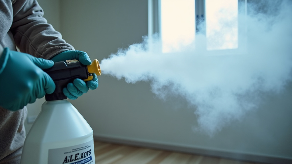 Professional applying dry fog for mold remediation in a sealed containment area.