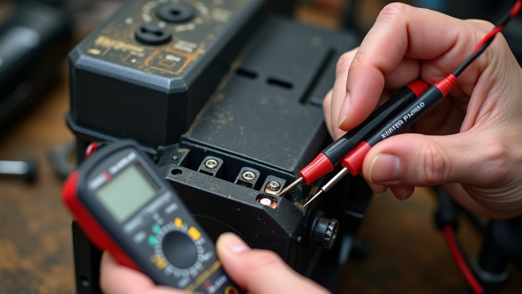 Technician testing voltage at a faulty fog machine pump with a multimeter.
