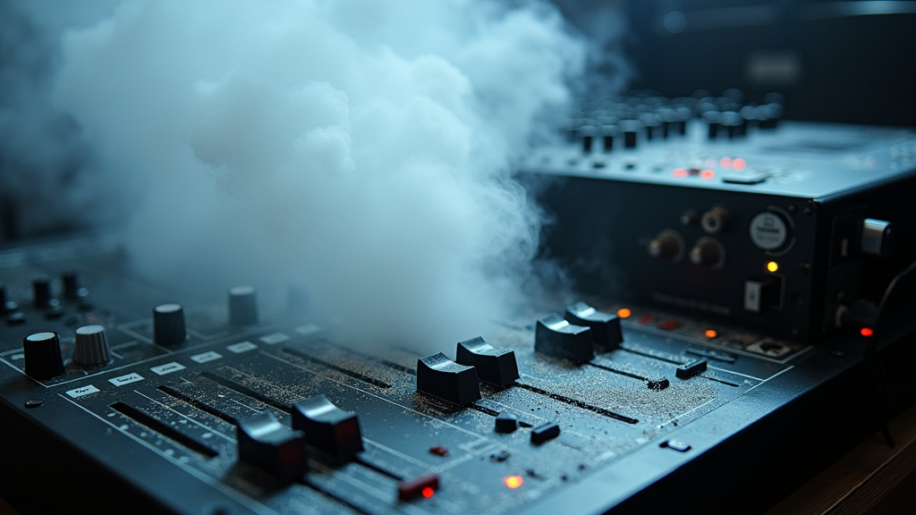 Close-up of fog machine residue on audio mixing console circuitry and faders.