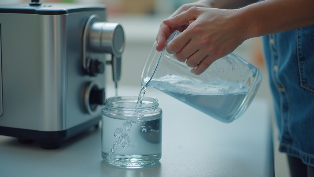 Flushing a haze machine tank with distilled water during cleaning.