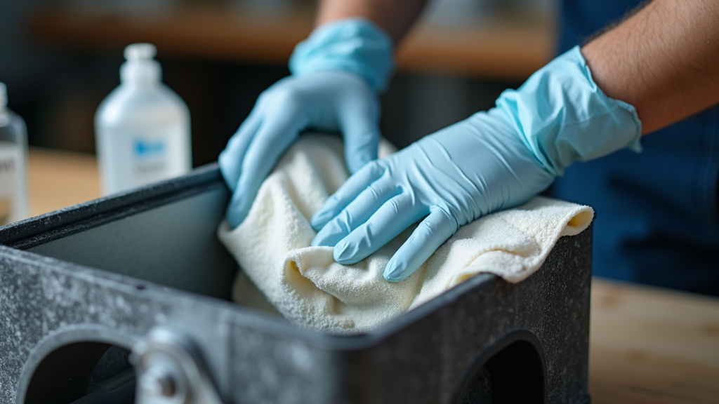 Cleaning sticky baby oil residue from a fog machine reservoir with a cloth.