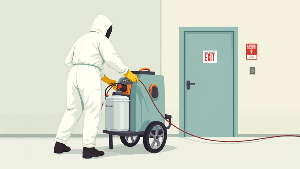 Person in PPE setting up a cold fogging machine before operation.