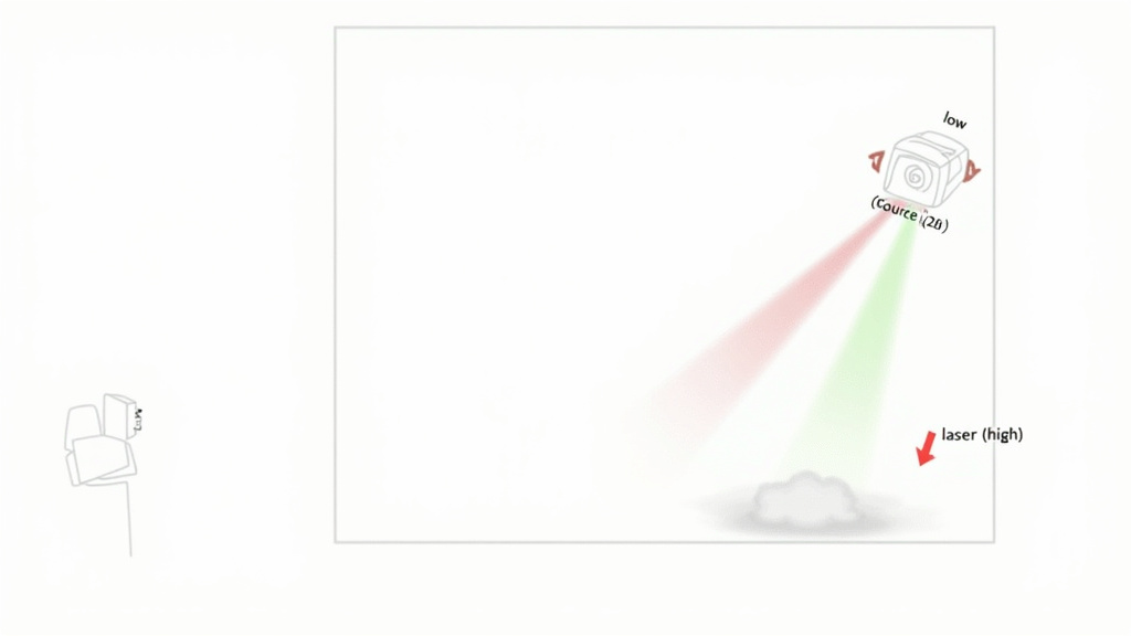 Diagram showing correct placement of fog machine low and laser projector high for beam visibility.