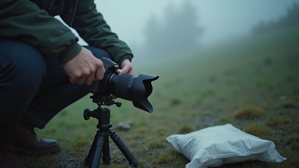 Manual focus adjustment on a DSLR camera in foggy conditions with protective gear.