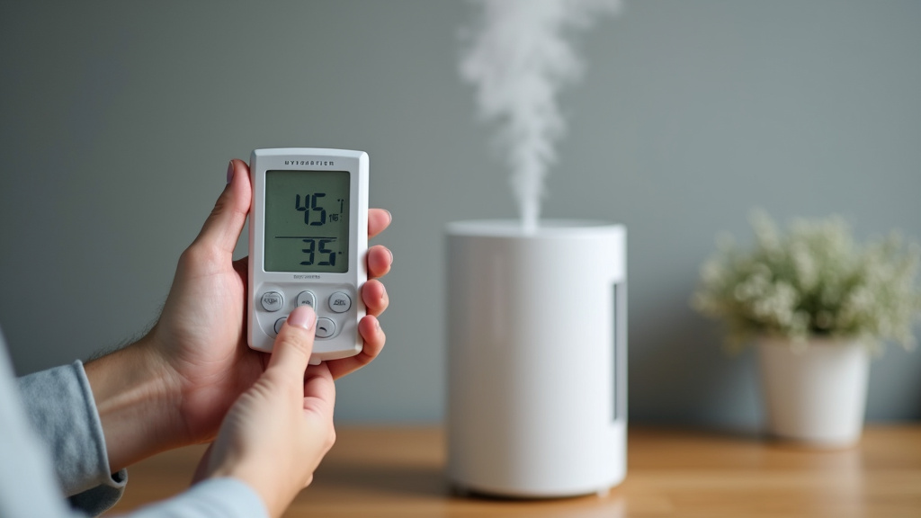 digital hygrometer showing humidity level next to a humidifier emitting mist