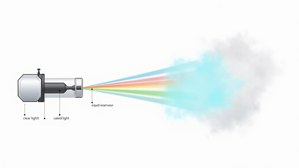 Diagram showing colored light illuminating clear fog to create colored effects.