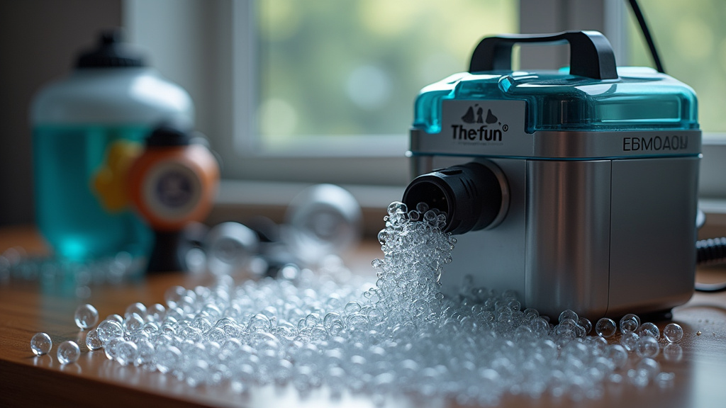 Theefun TBM01 professional bubble machine plugged in and producing high-volume bubbles.