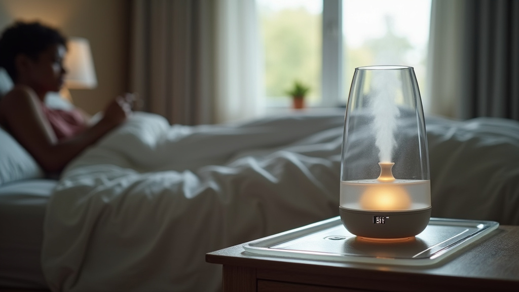 Hygrometer and humidifier on waterproof tray for bedroom placement monitoring