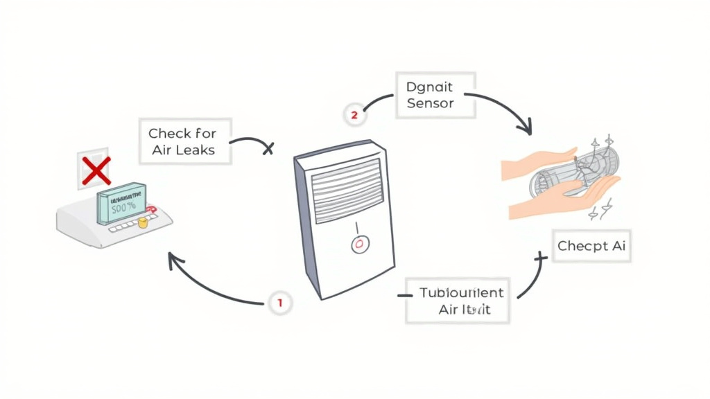 Diagnostic flowchart for troubleshooting a constantly running dehumidifier.