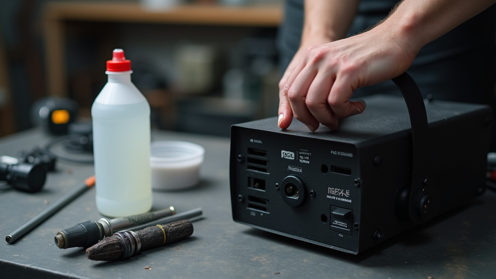 Troubleshooting a fog machine by tilting it to purge air from the fluid line.