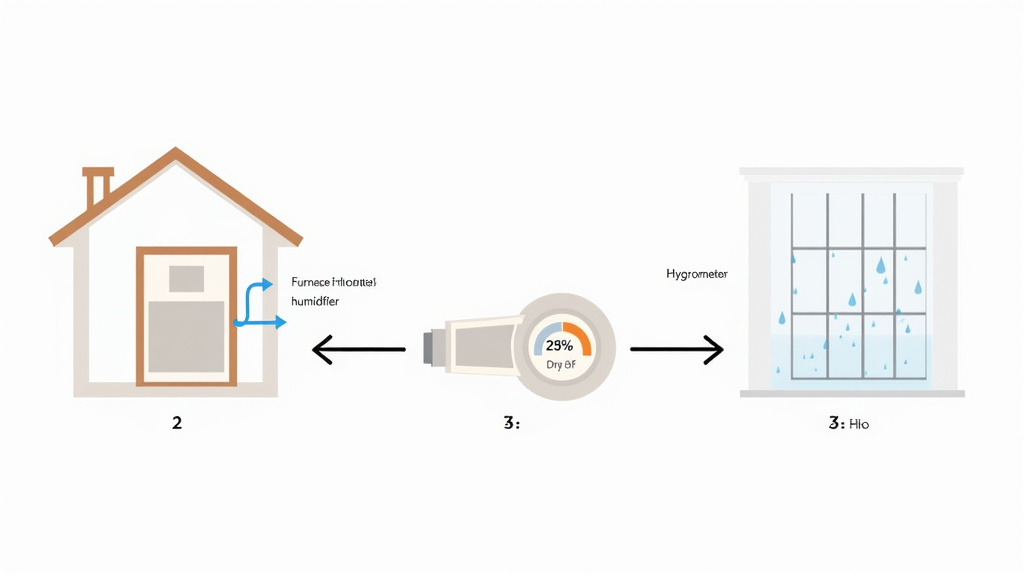 Diagram of home humidity balance showing proper humidistat setting to prevent window condensation
