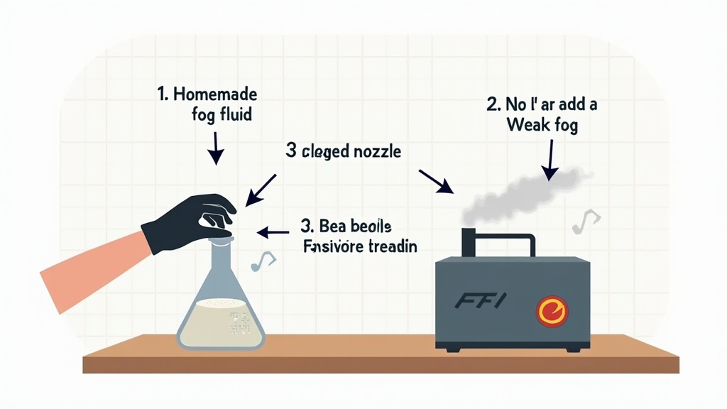 Troubleshooting diagram for homemade fog machine fluid problems and fixes.