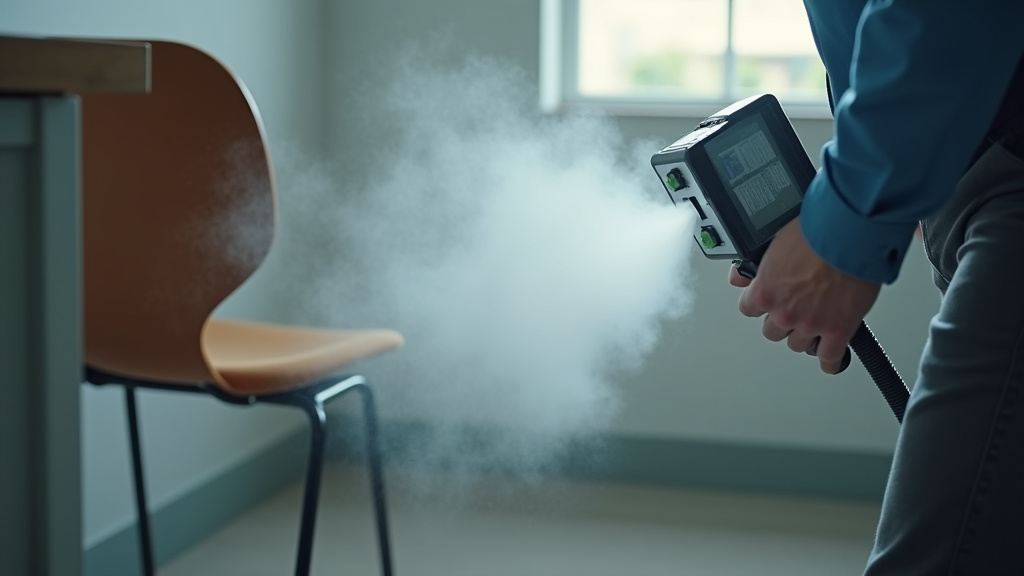 ULV fogger dispersing disinfectant mist onto room surfaces for sanitization.