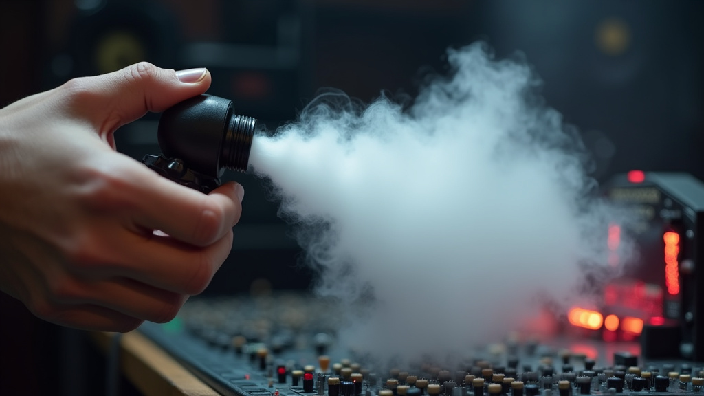 Handheld microfogger emitting special effects fog over a miniature stage model.