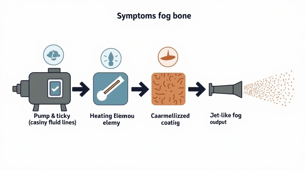 Diagram showing fog machine components needing cleaning: pump, heater, and nozzle.