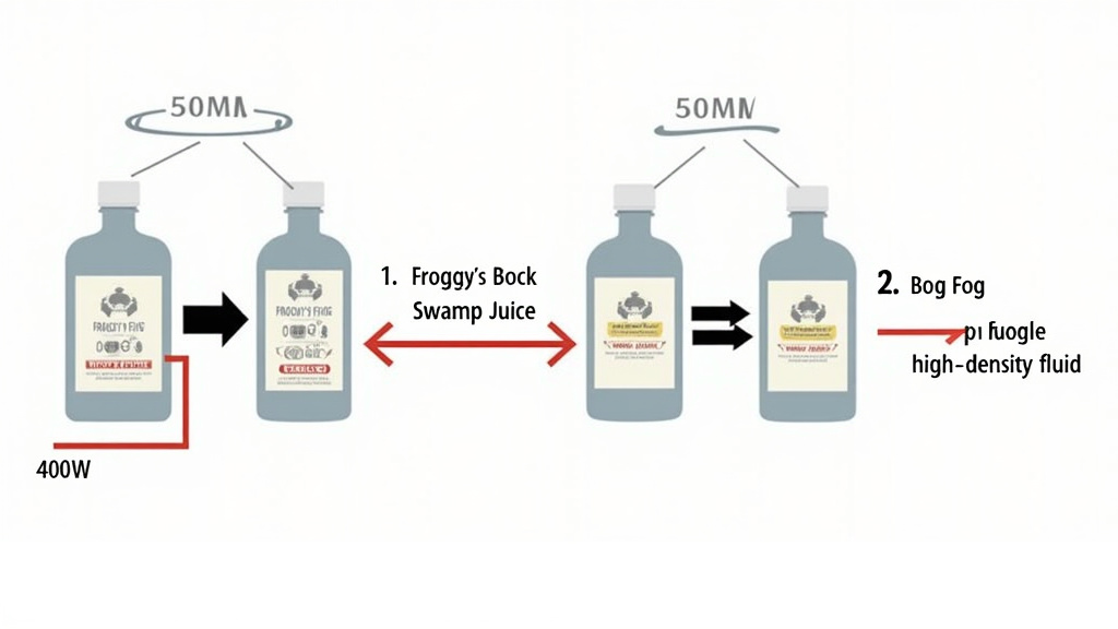 Diagram showing compatibility of Froggy's Fog fluid with fog machine wattage.