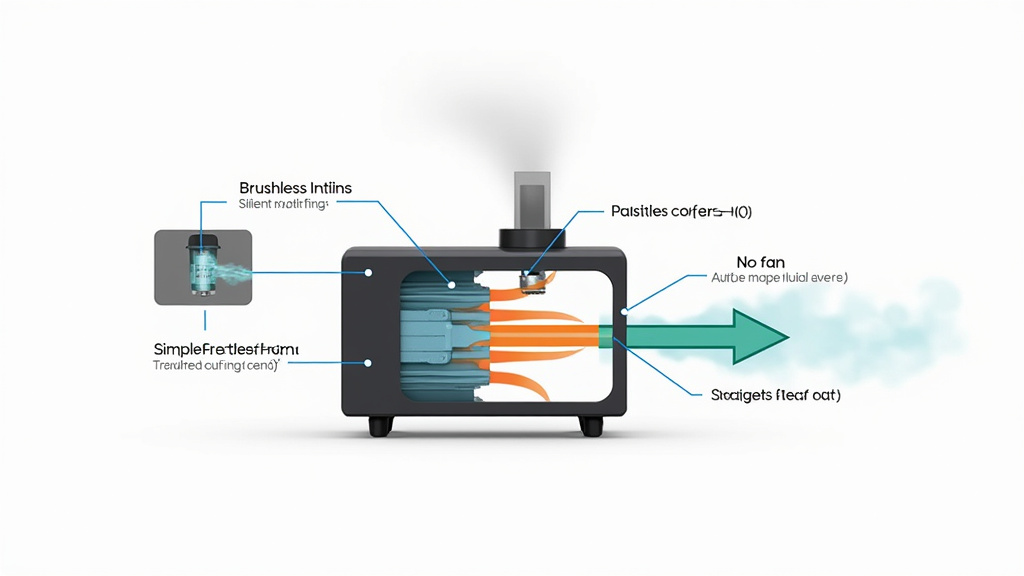 Diagram comparing quiet and loud fog machine pump and cooling designs
