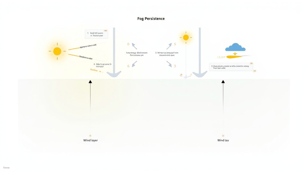 Diagram showing how sunlight and wind dissipate different types of fog.